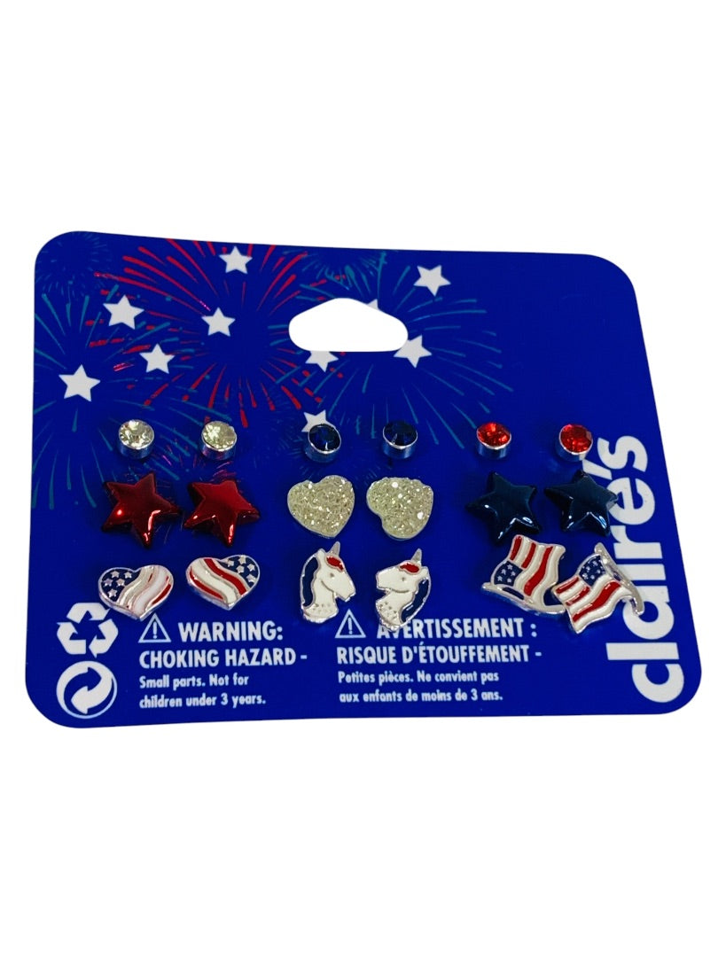 Claires New Set of 9 Post Pierced USA Earrings Patriotic Unicorn