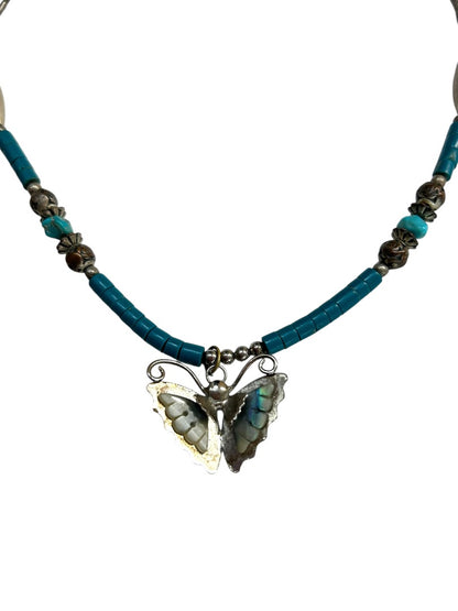 Vintage Silvertone Beaded Butterfly Pendant Necklace 19 Inch Barrel Clasp