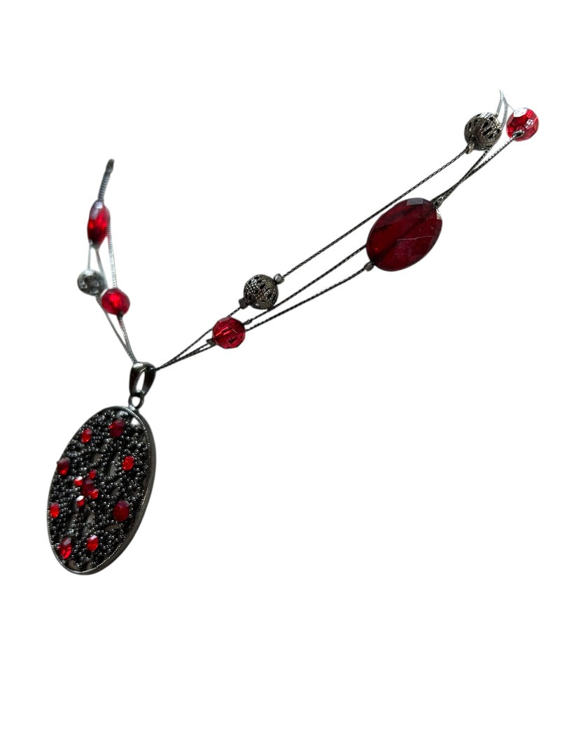 Pewter Color and Red Necklace Beaded Pendant Multistrand 16-18 Inch