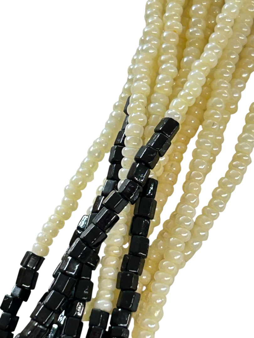Multistrand Cream Black Beaded Necklace Goldtone Clasp 28 Inch