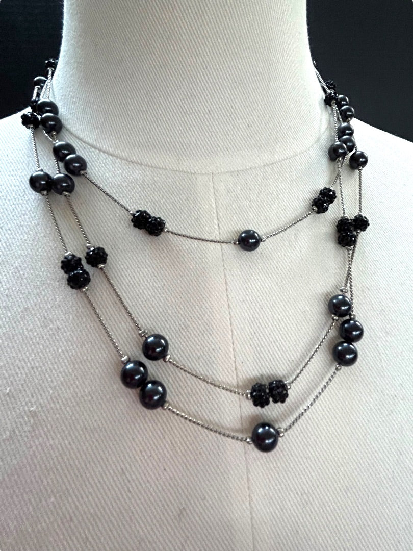 RMN Triple Strand Silvertone Beaded Tiered Necklace 16-20 Inches Lobster Clasp