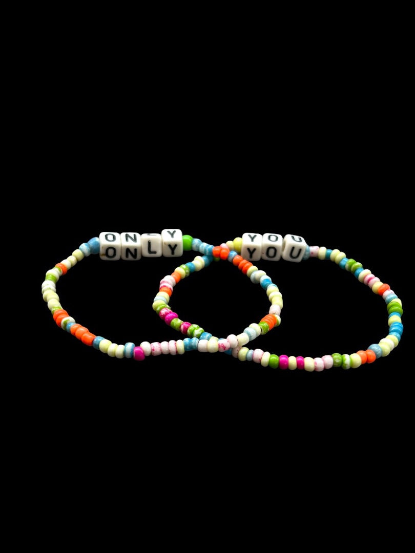 Set of 2 Seed Bead Stretch Bracelets "Only" "You" Multicolor