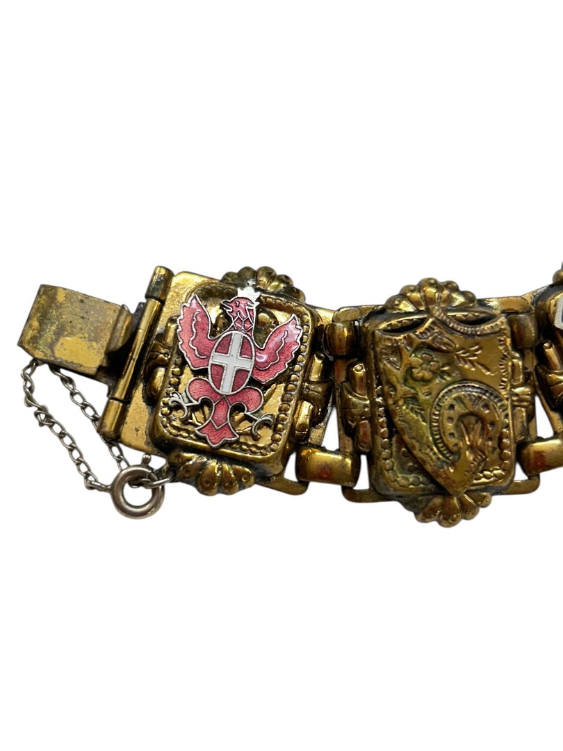 Vintage Goldtone 7 Panel Bracelet Crests France 7 Inch Chunky