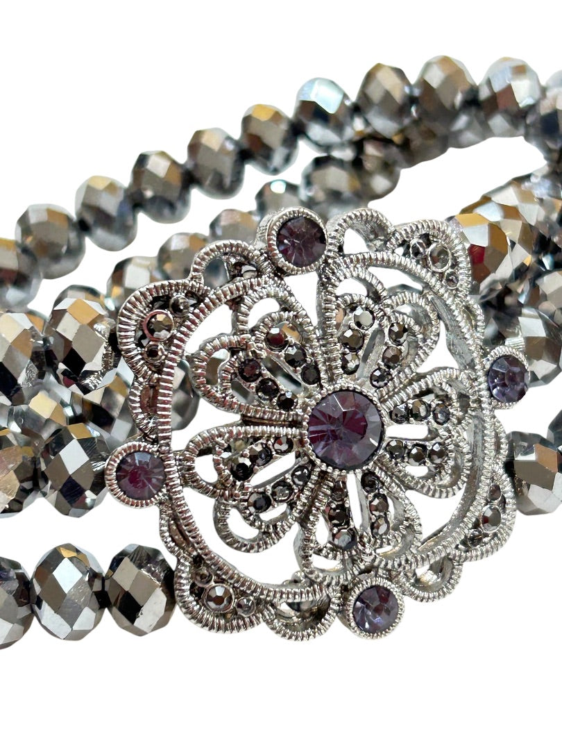 Triple Strand Stretch Bracelet Silvertone Faceted Beads Medallion