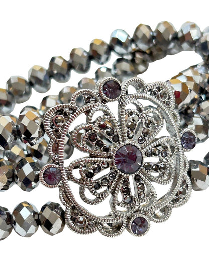 Triple Strand Stretch Bracelet Silvertone Faceted Beads Medallion