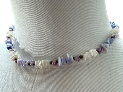 Puka Chip Shell Necklace White Purple Goldtone Barrel Clasp 16 Inch