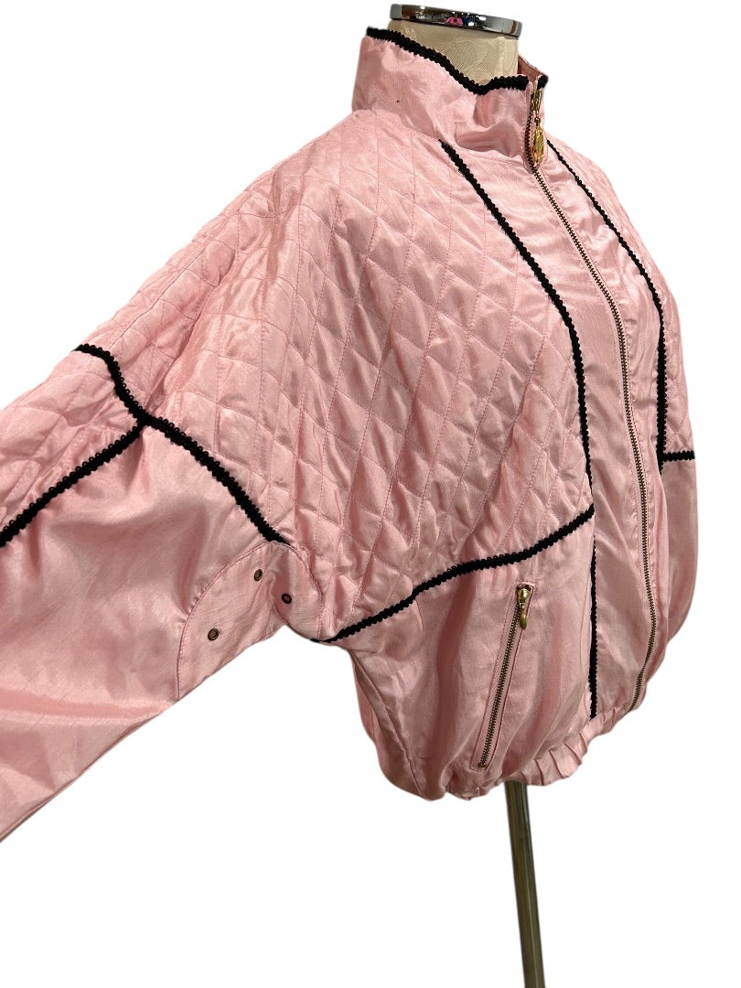 XS Tail Womens Track Jacket Pink Quilted Satin 80s Retro Zip Up Black Trim