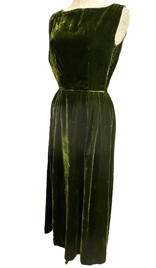 Myra Bushman Dress Green Velvet Sleeveless Gown Vintage 60s Formal USA
