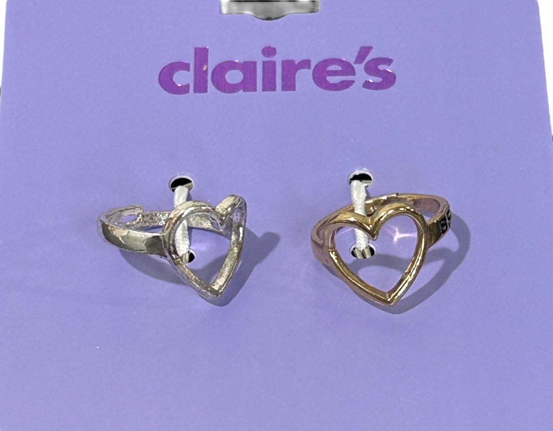 Claires New Set of 2 Adjustable Heart Rings Silvertone Goldtone