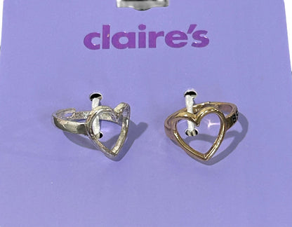 Claires New Set of 2 Adjustable Heart Rings Silvertone Goldtone