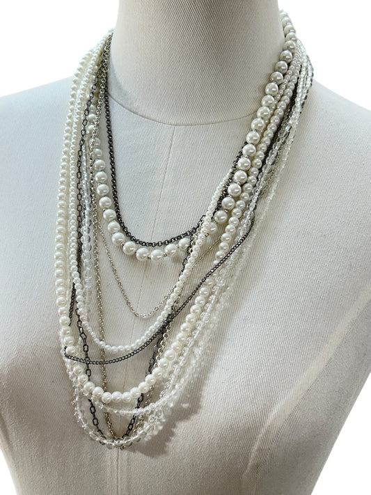 Mixed Beads Multistrand Tiered Necklace White Silvertone Pewter Oversize Lobster Clasp
