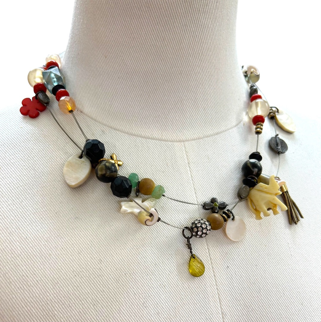Multistrand Assorted Charm Necklace Funky Shells Elephant Multicolor 19-22 Inches