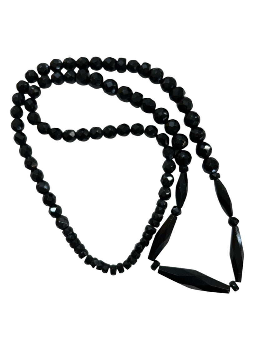 Vintage Jet Aurora Borealis Black Beaded Necklace Overhead 28 Inch