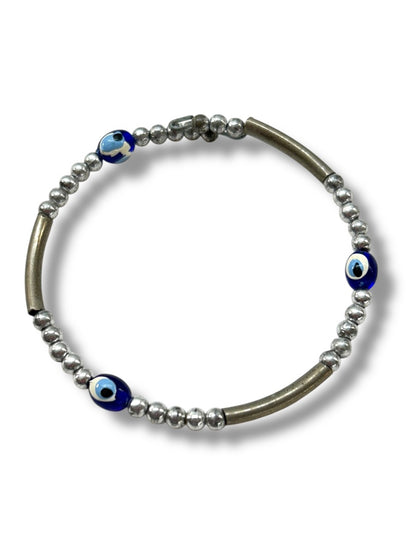 Silvertone Adjustable Bangle Bracelet Beaded Open Wire Blue Beads