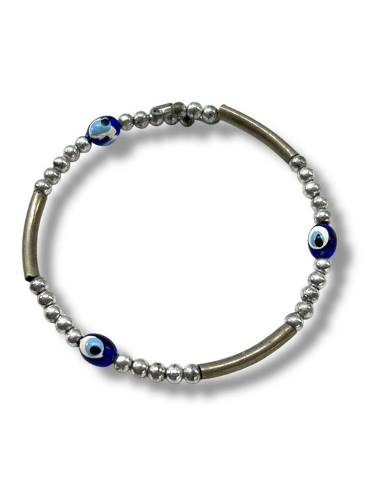Silvertone Adjustable Bangle Bracelet Beaded Open Wire Blue Beads
