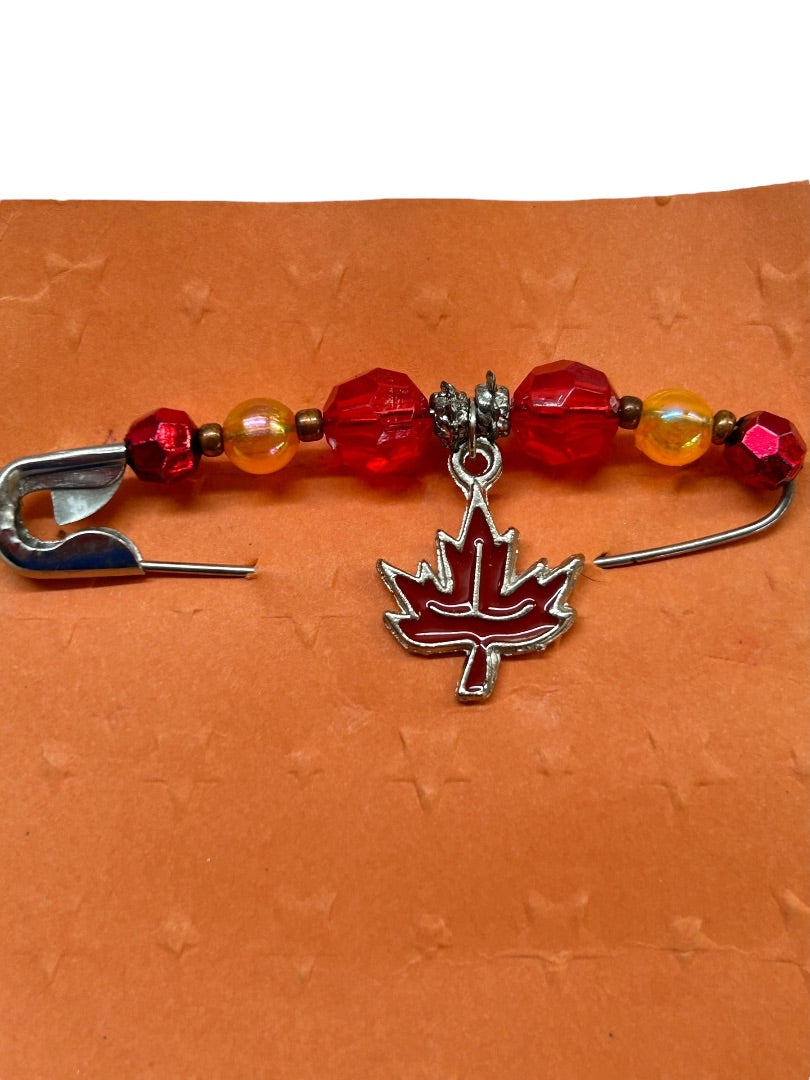 Harpo Originals Beaded Safety Pin Brooch Red Yellow Maple Leaf