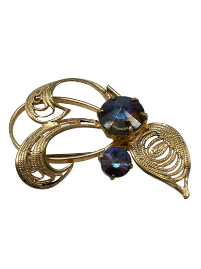 Vintage Goldtone Abstract Brooch Pin Blue Purple Filigree Swirt 2 Inch