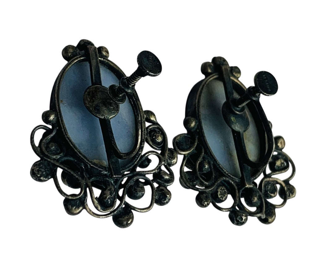 Sterling Silver Vintage Screwback Clip-On Earrings Blue Glass 1.5 Inch