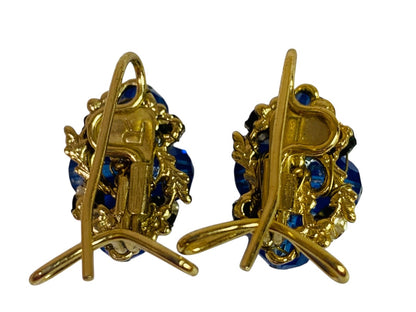 Wingback Earrings Blue Aurora Borealis Crystal Cluster Goldtone Pierced 1 Inch