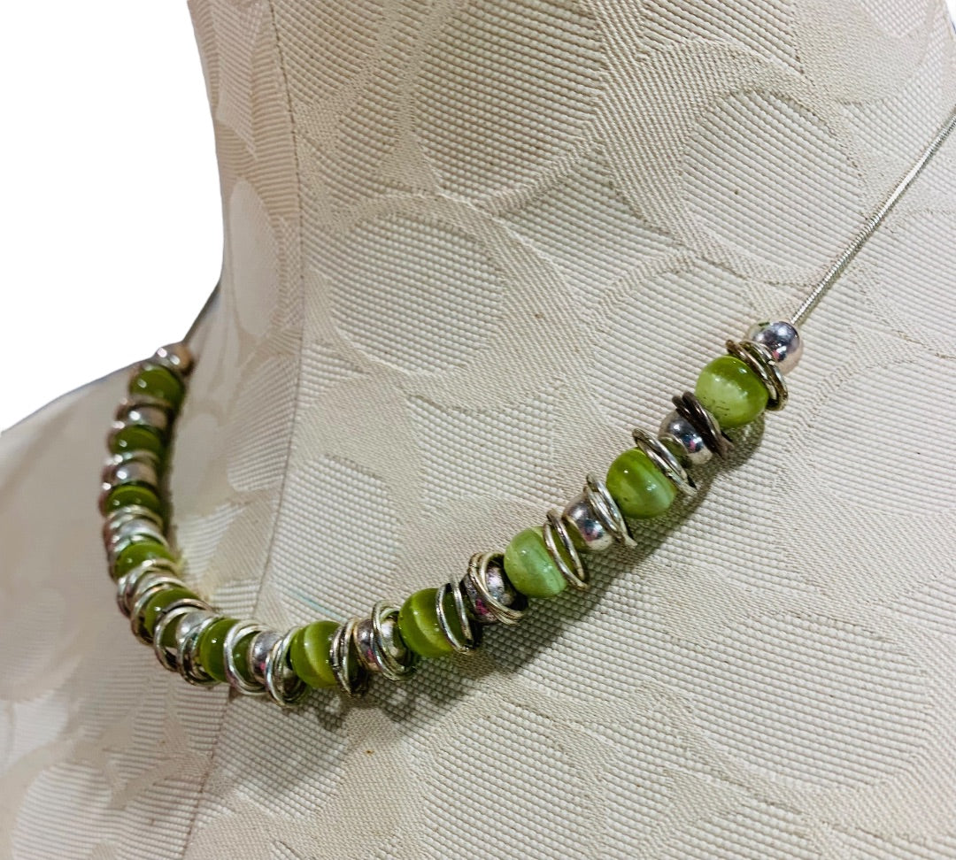 Silvertone and Green Beaded Necklace Snake Chain 17-22 Inch Lobster Clasp