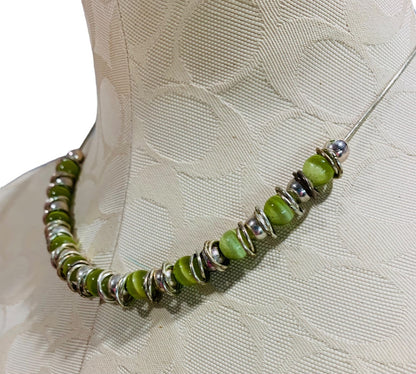 Silvertone and Green Beaded Necklace Snake Chain 17-22 Inch Lobster Clasp