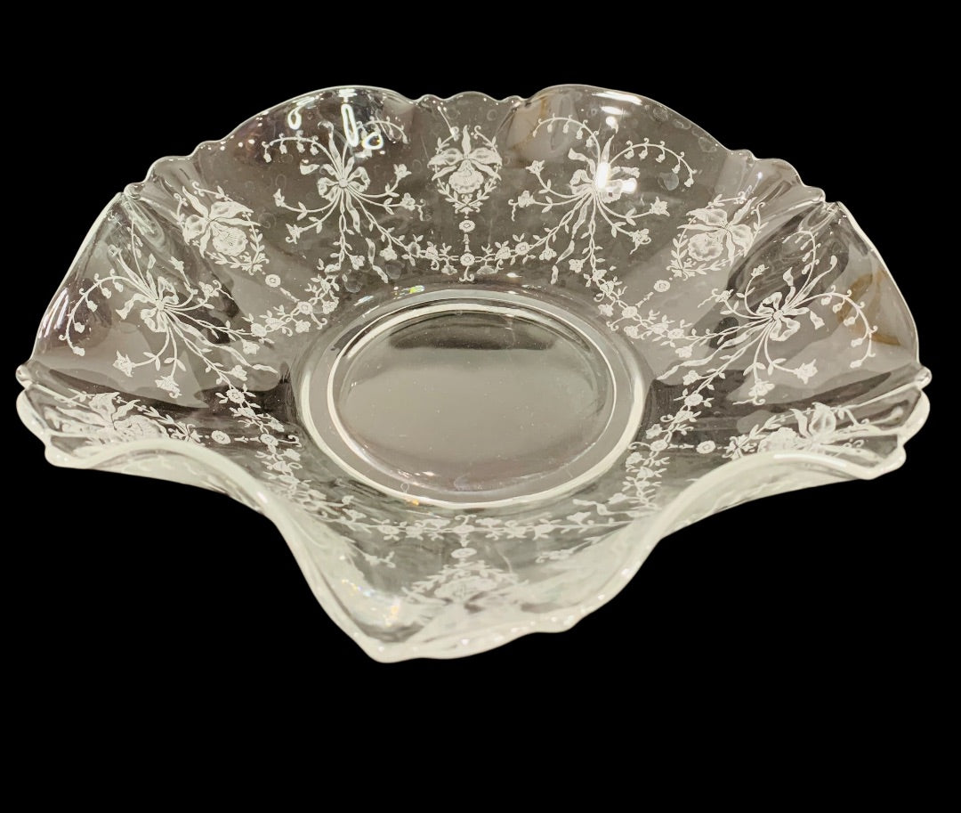 Etched Glass Bowl Heisey Orchid Sunburst 10 Inch Centerpiece Dish