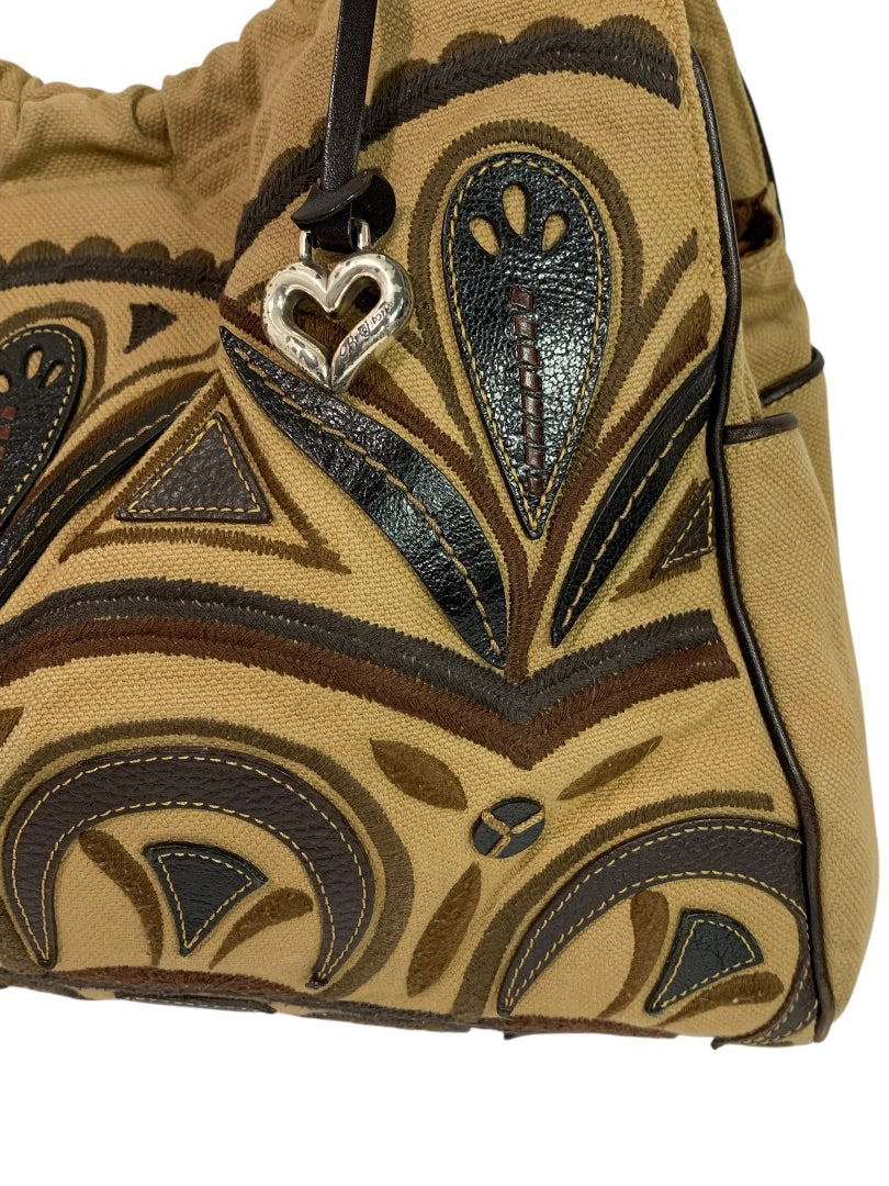Brighton Canvas Shoulder Bag Brown Embroidered Hobo Heart Charm Large Tote