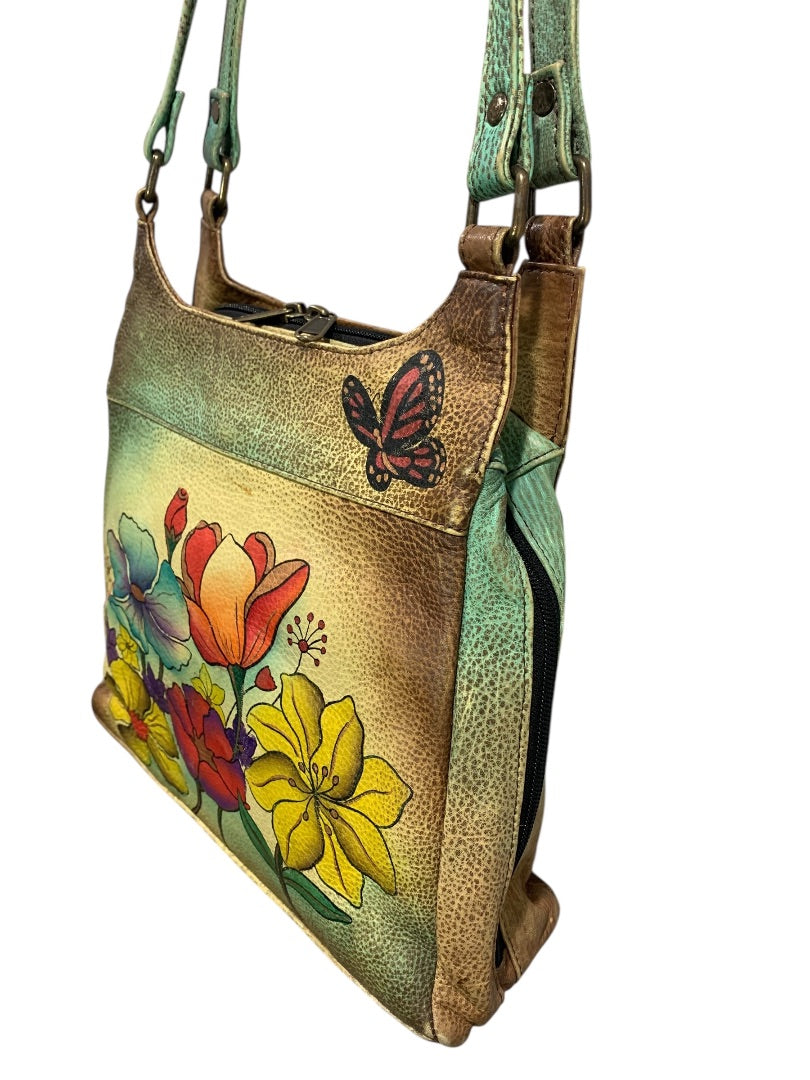 Anuschka Flower Leather 3 Compartment Shoulder Bag Hand-Painted USA