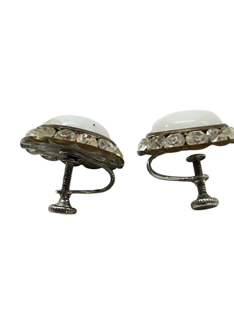 Vintage Non-Pierced Screwback Earrings White Rhinestone .75 Inch