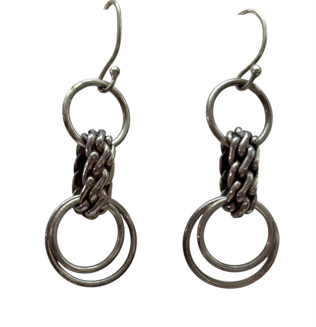 Silvertone Pierced Fish Hook Earrings Circles 1.5" Drop Dangle