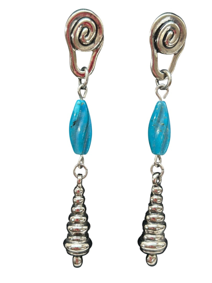 Silvertone Faux Turquoise Pierced Earrings 2.5 Inch Drop Dangle