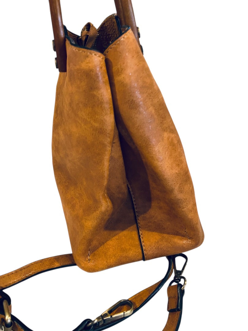 Joy Susan Angie Vintage Satchel Detachable Strap Wooden Handle Vegan Leather