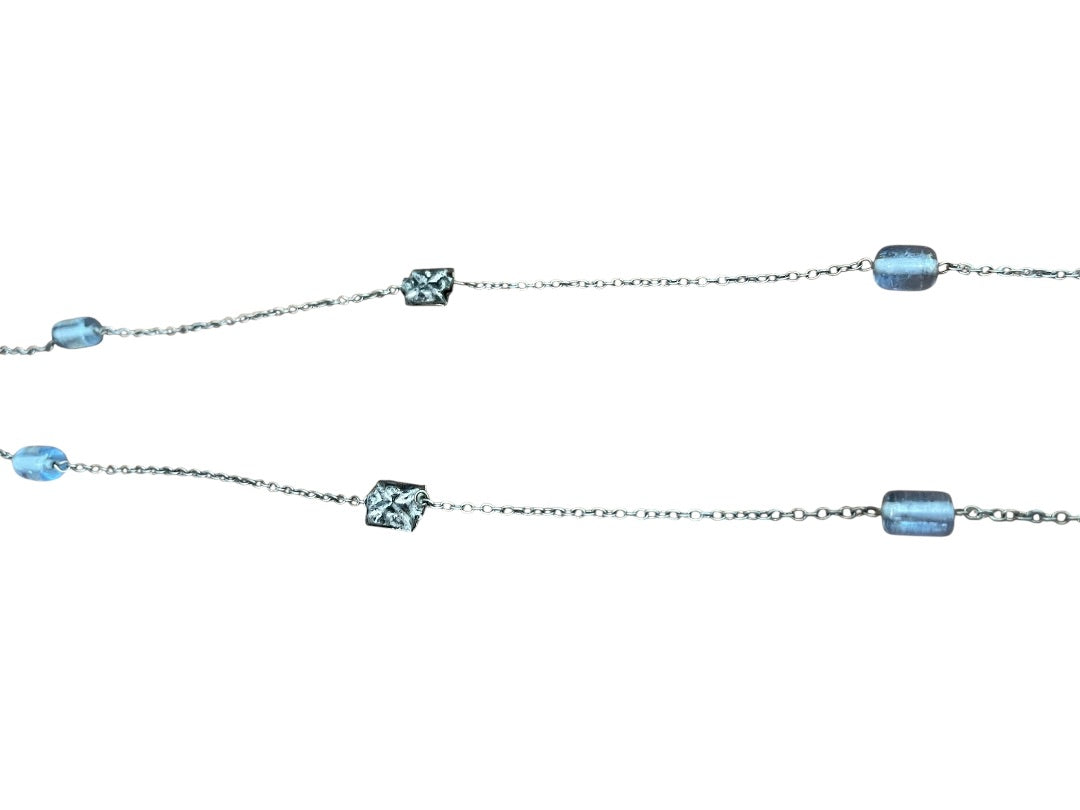 Small Blue Bead and Silvertone Bead Chain Adjustable Necklace 57 Inch