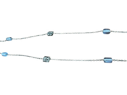 Small Blue Bead and Silvertone Bead Chain Adjustable Necklace 57 Inch