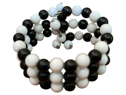 Vintage 3 Strand Black White Beaded Adjustable Cuff Bracelet