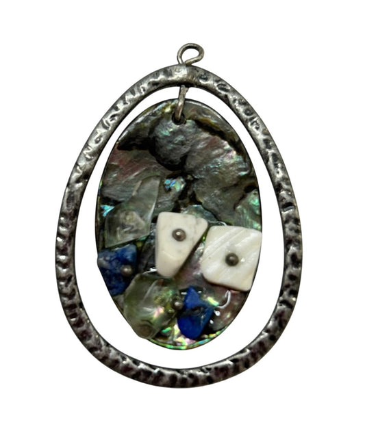 Reversible Pendant Mother of Pearl Silvertone Hammered 1.5"