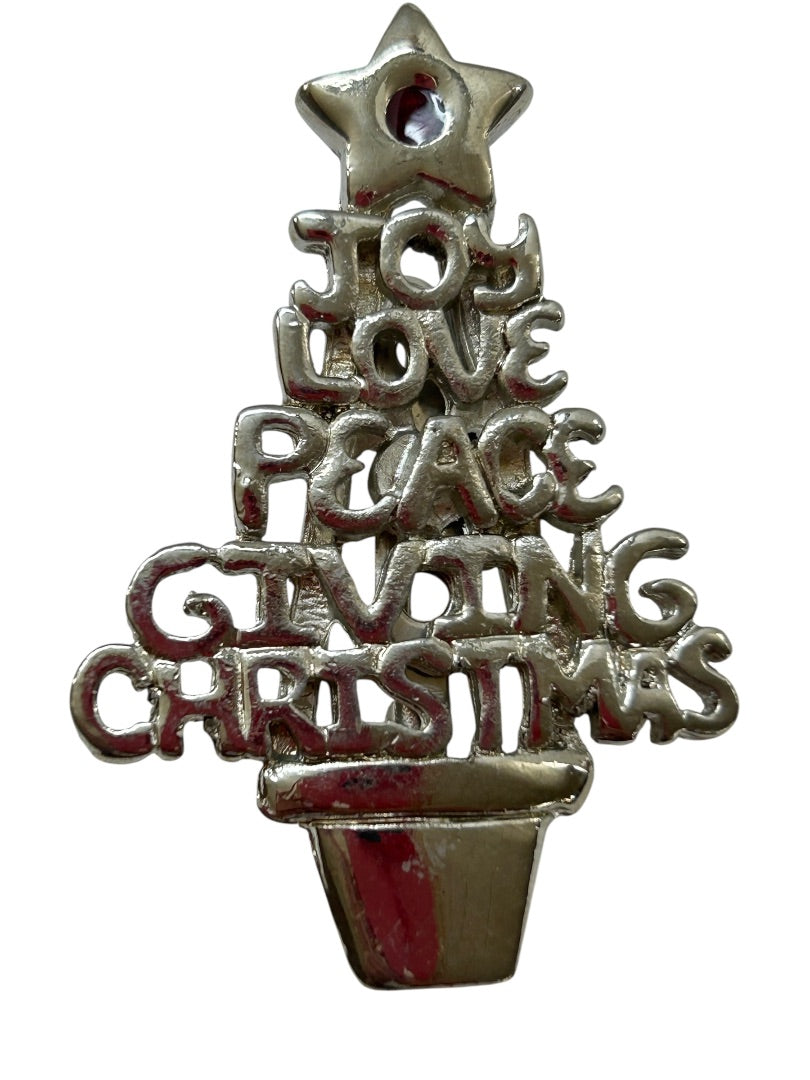 Vintage Silvertone Christmas Tree Brooch Pin 2" Joy Love Peace Giving