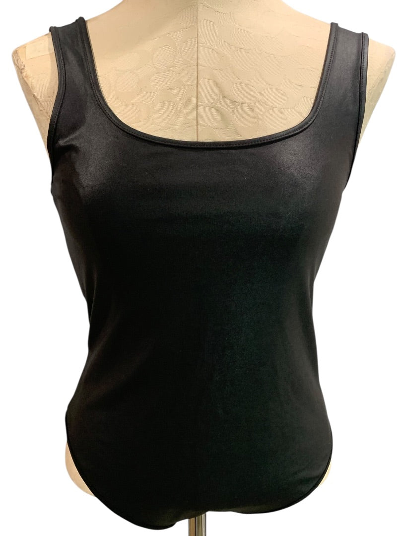 Medium Iris Womens Black Coated Bodysuit Sleeveless Scoop Neck