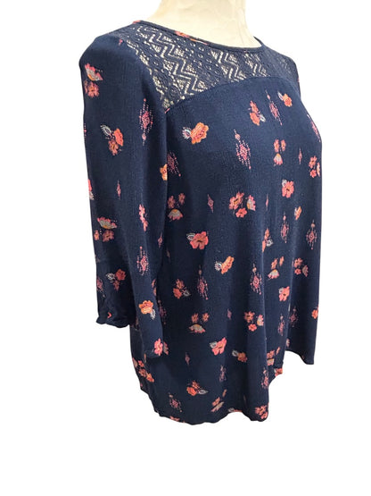 Size 18.5 Mudd Girls Boho Navy Blue Pink Print Blouse Shirt Lace