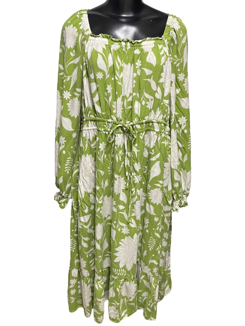 1XL Ava & Viv Floral Long Sleeve Tie Waist Dress Green Boho Style