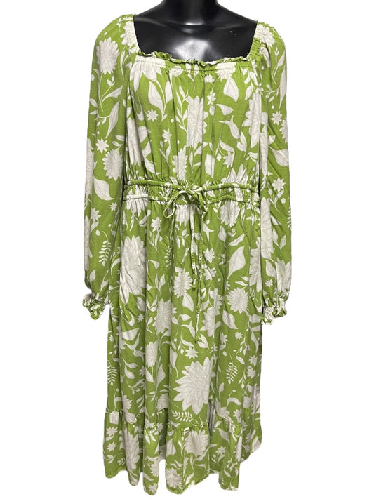 1XL Ava & Viv Floral Long Sleeve Tie Waist Dress Green Boho Style