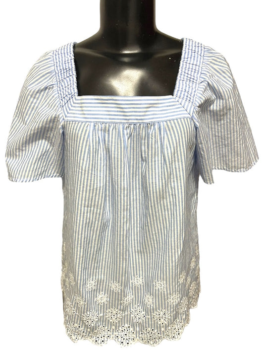 XS Loft Womens Flowy Blouse Shirt Striped Embroidered Blue White