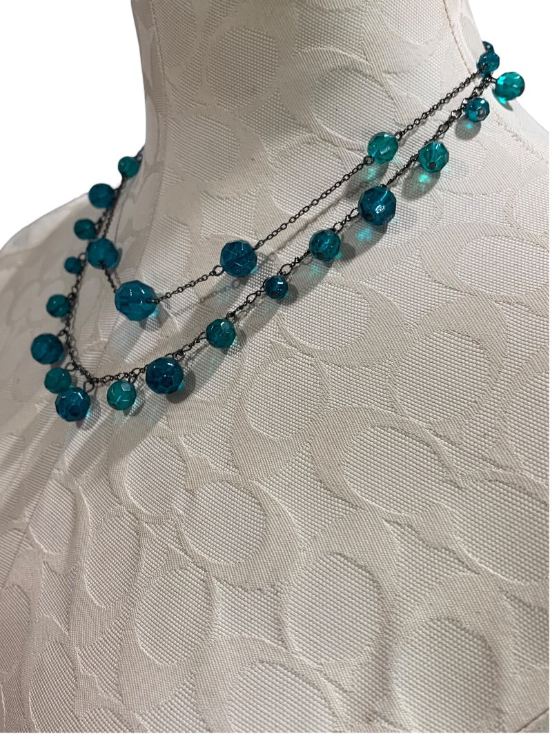 Express Pewter Color Teal Beaded Double Strand Necklace 18 Inch