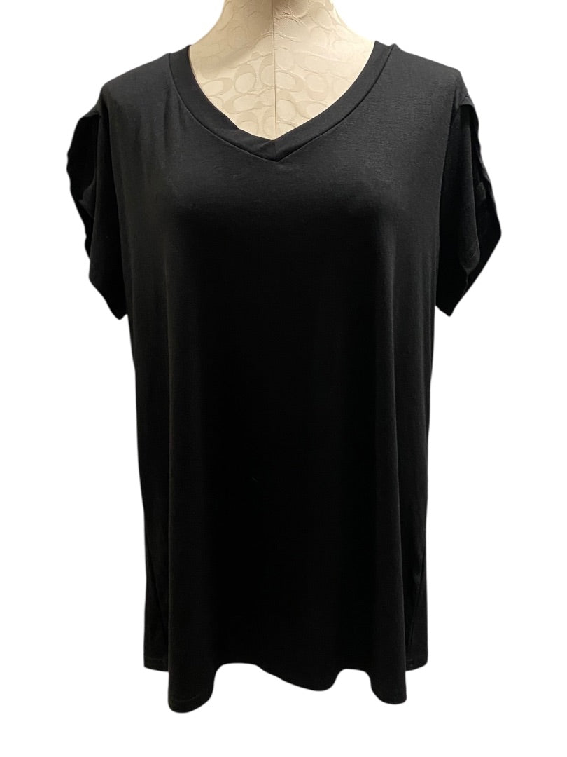 XL Womens Black V-Neck Tshirt Petal Sleeve Soft