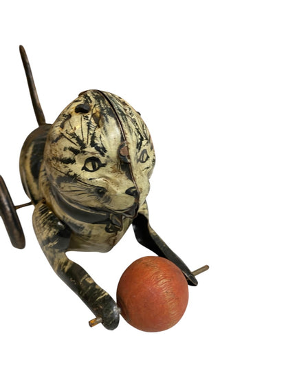 1930s Marx Tin Toy Friction Lever Cat with Wooden Ball 8" Length