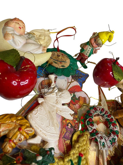 Lot of 25 Assorted Hanging Holiday Ornaments Bells Apple Drum Angel