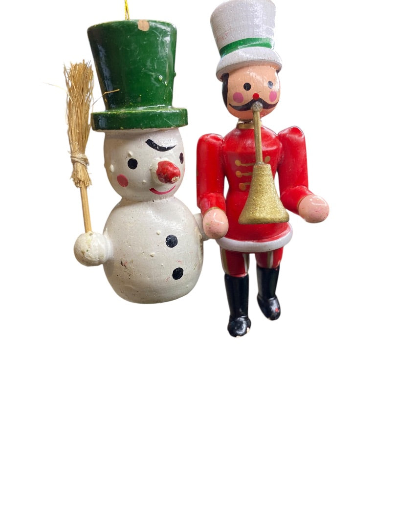 Vintage Wooden Christmas Holiday Ornaments Scary Snowman Soldier 4"