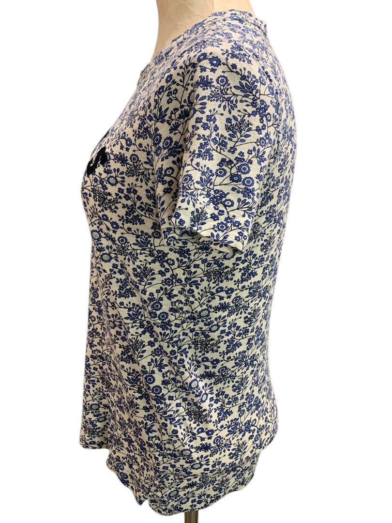 XS Loft Womens Tshirt Floral Embroidered Paris Blue