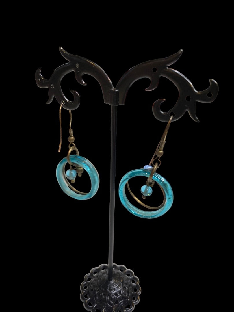Artsy Copper Color Pierced Earrings Fishhook Teal 1.75" Drop
