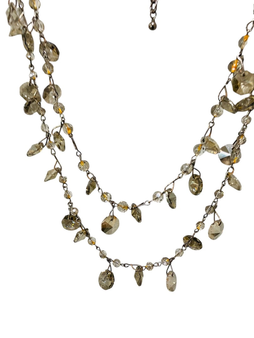 Pewter Color Double Strand Necklace Chunky Crystals 29" Chain